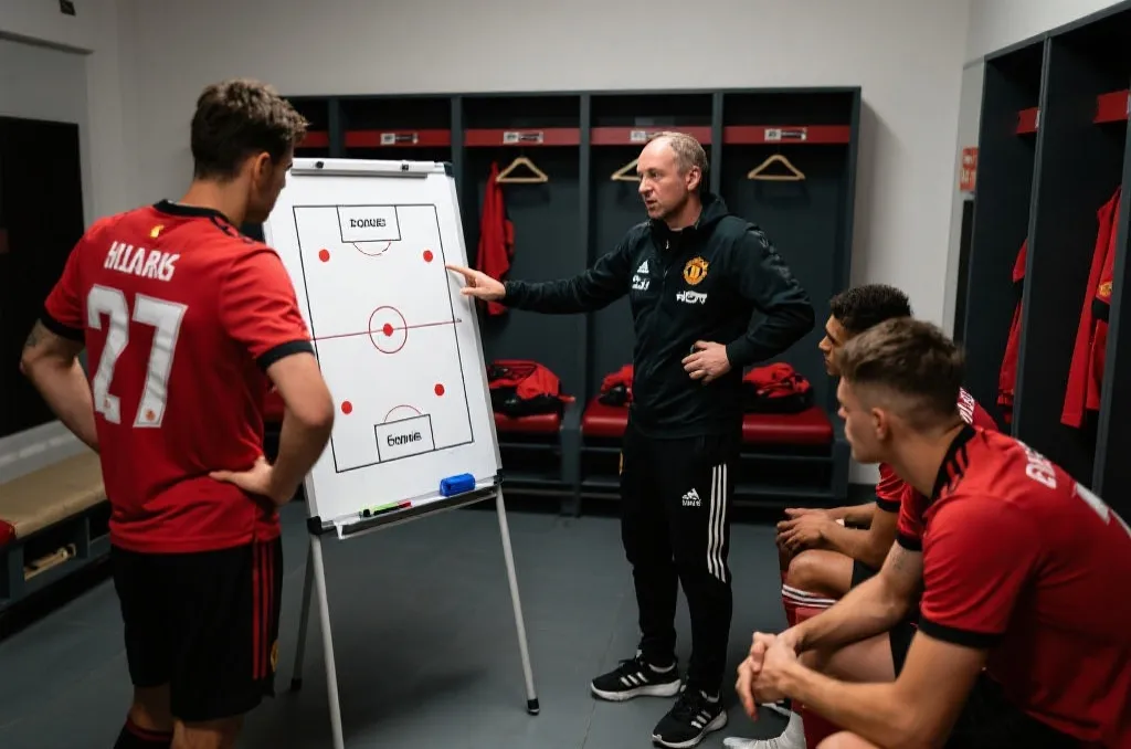 更衣室内教练与球员在战术板前讨论，氛围紧张又专注