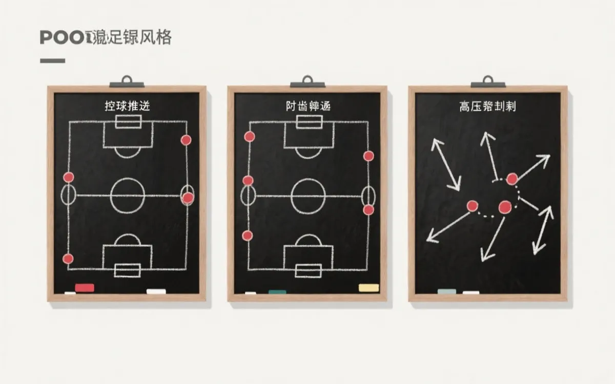 三种足球风格战术板示意：控球、防反、高压逼抢