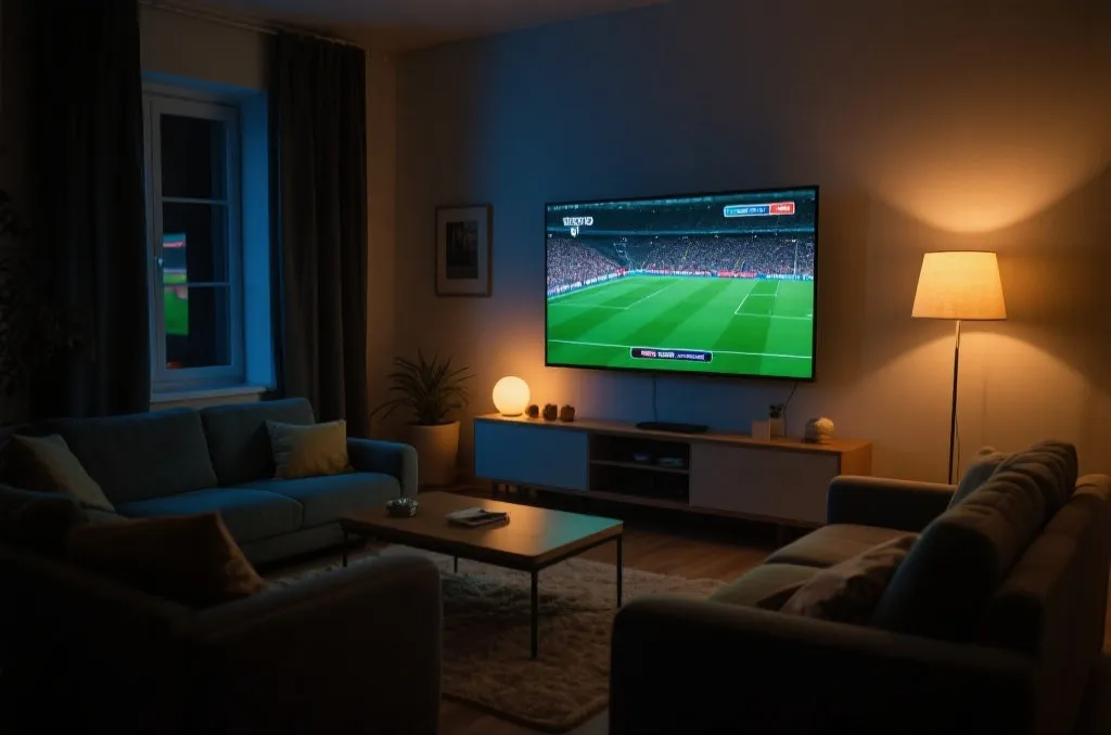 深夜客厅里电视大屏播放足球比赛，沙发与暖光氛围