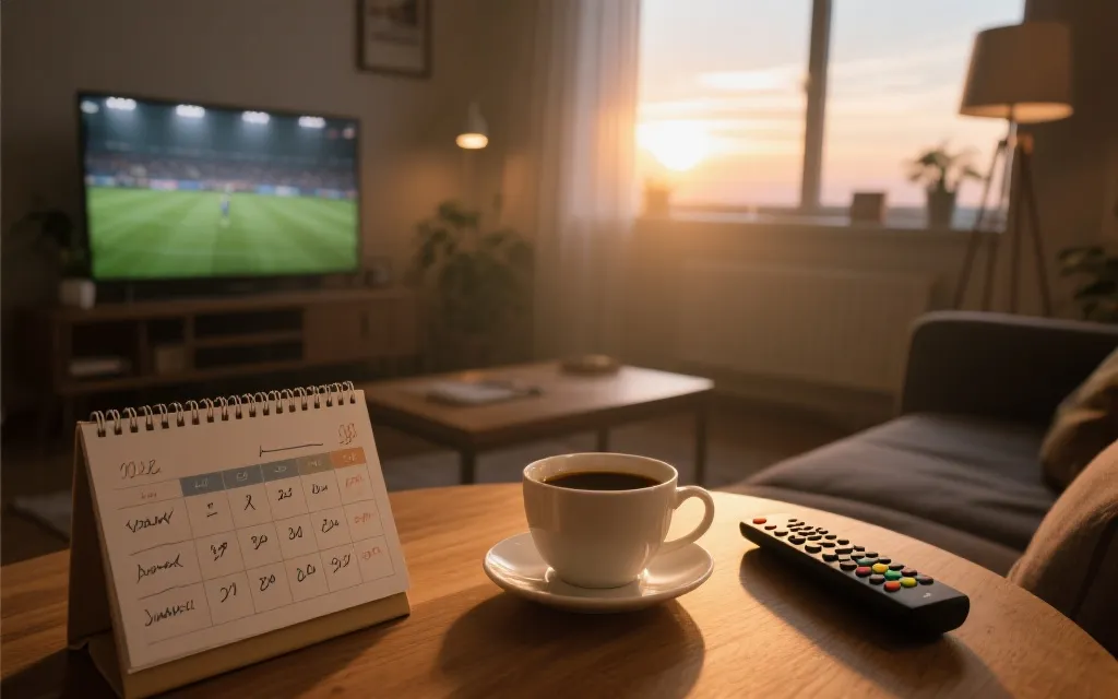 清晨在家观赛的中国球迷，桌上有日历与咖啡，窗外天色微亮